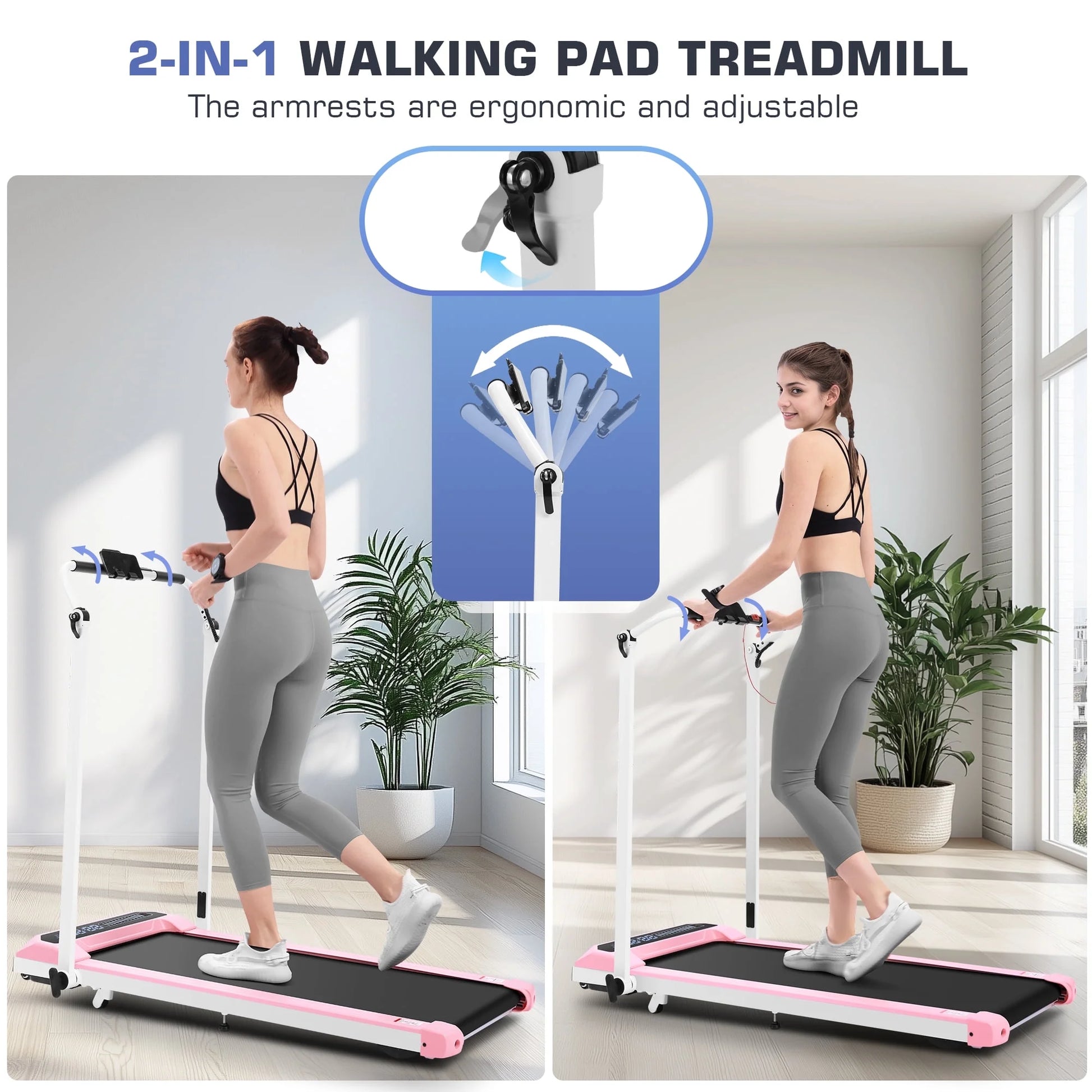 2 in 1 Walking Pad with Adjustable Handles, 2.5HP under Desk Treadmill, Portable Folding Treadmills with Incline, Large Running Area, Creative LED Display, 0.6-7.5MPH