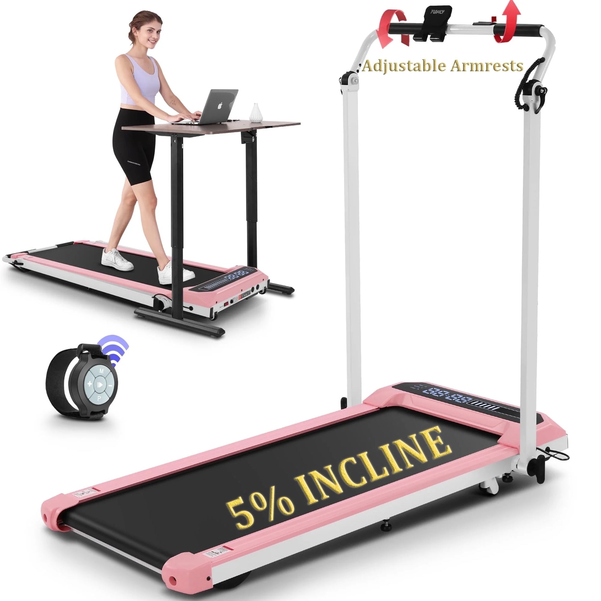 2 in 1 Walking Pad with Adjustable Handles, 2.5HP under Desk Treadmill, Portable Folding Treadmills with Incline, Large Running Area, Creative LED Display, 0.6-7.5MPH