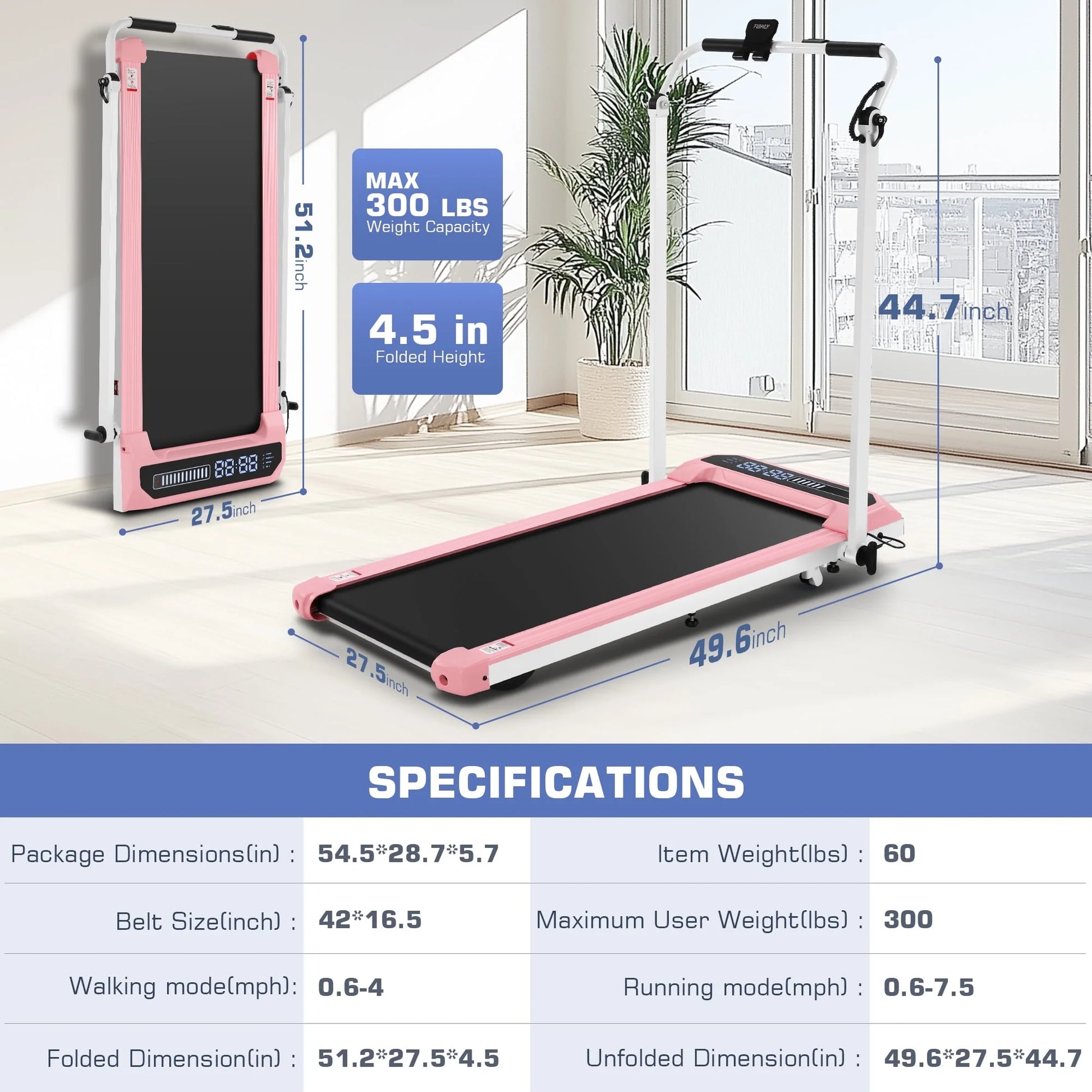2 in 1 Walking Pad with Adjustable Handles, 2.5HP under Desk Treadmill, Portable Folding Treadmills with Incline, Large Running Area, Creative LED Display, 0.6-7.5MPH