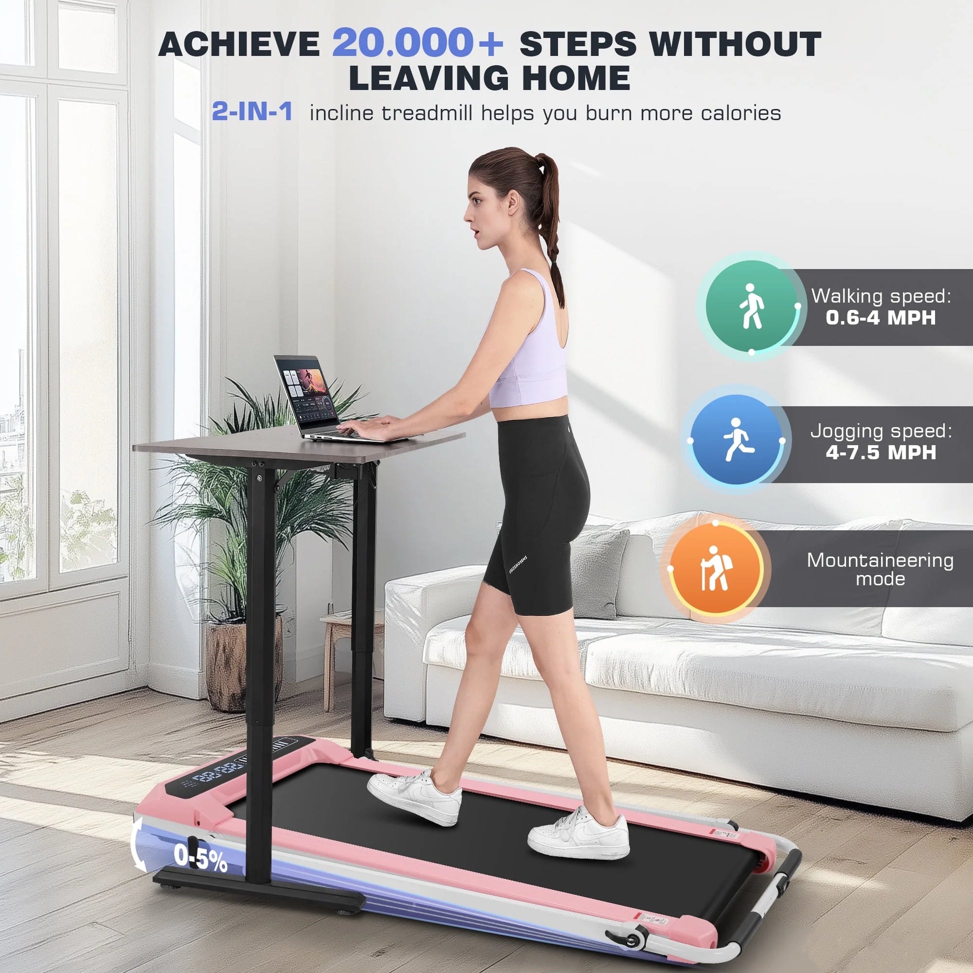 2 in 1 Walking Pad with Adjustable Handles, 2.5HP under Desk Treadmill, Portable Folding Treadmills with Incline, Large Running Area, Creative LED Display, 0.6-7.5MPH