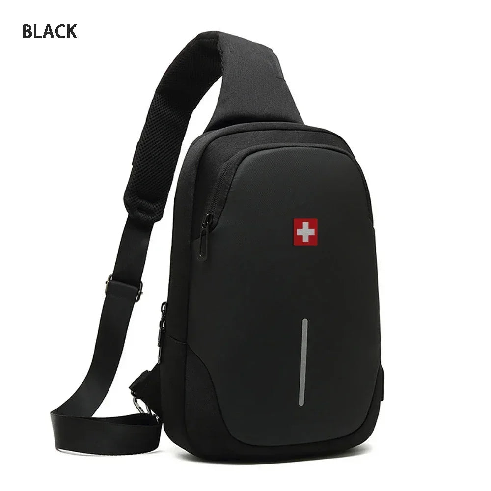 SWISS New Men'S Casual Chest Bag Sports Waterproof Shoulder Bag Anti-Theft Crossbody Bag Fashion Solid Color Usb Bag Sling Pack