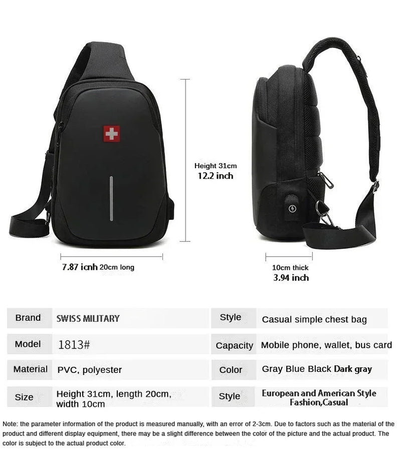 SWISS New Men'S Casual Chest Bag Sports Waterproof Shoulder Bag Anti-Theft Crossbody Bag Fashion Solid Color Usb Bag Sling Pack