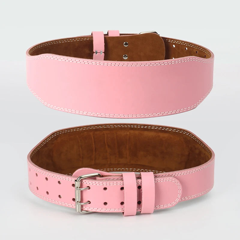 Pink and brown weightlifting belt on a light gray background