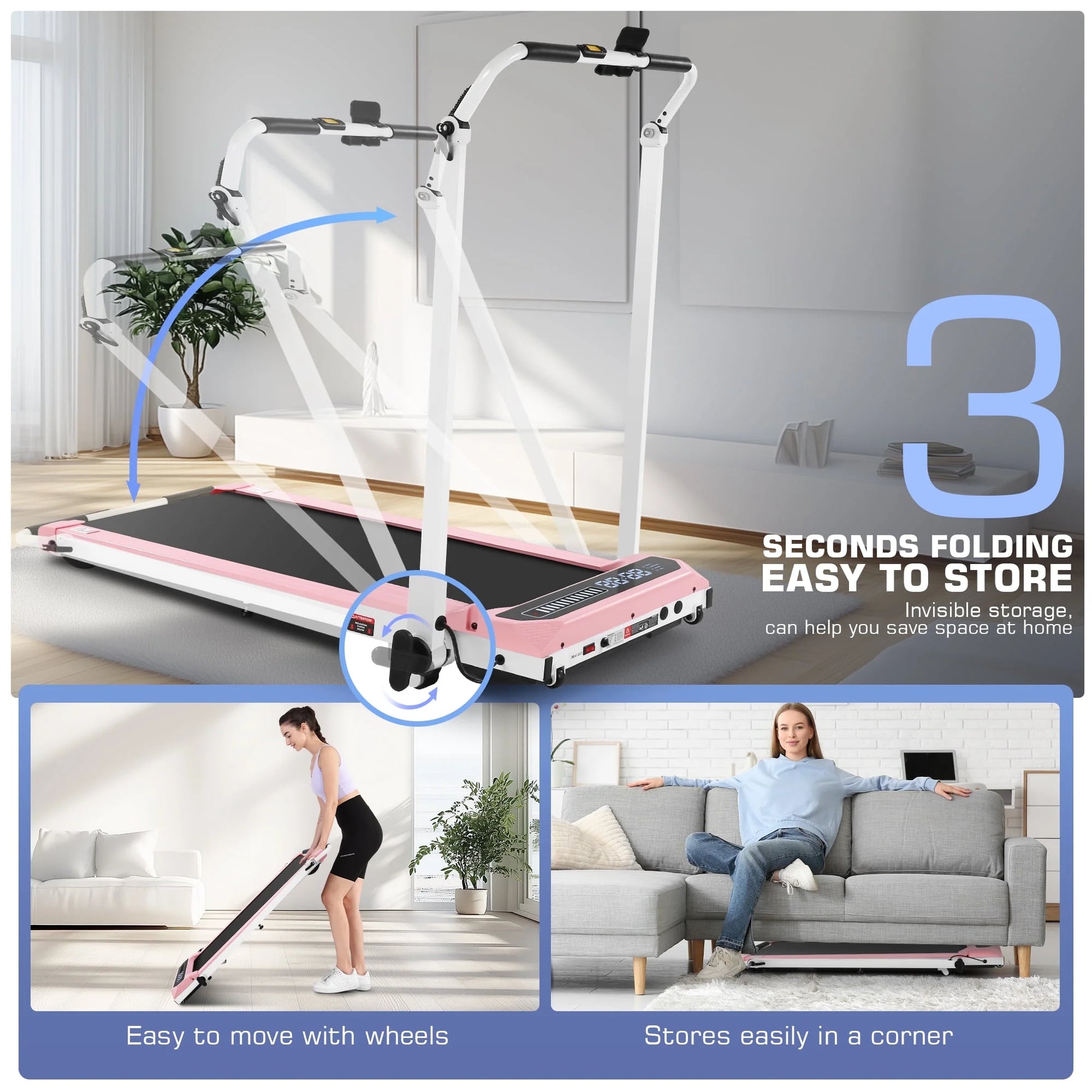 2 in 1 Walking Pad with Adjustable Handles, 2.5HP under Desk Treadmill, Portable Folding Treadmills with Incline, Large Running Area, Creative LED Display, 0.6-7.5MPH